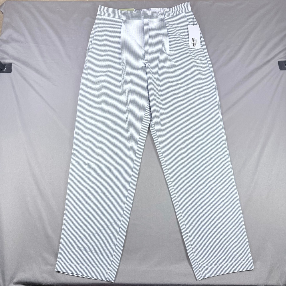 Goodfellow Men S Blue Stripe Seersucker Pleated Trouser Loose Fit Straight Pant